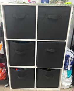 White Cube Storage Shelf with 6 Black Fabric Bins