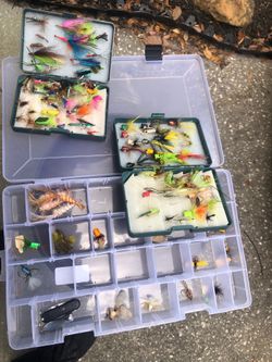 (3) tackles boxes full of fly fishing lures; buy one fly or all them