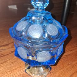 Vintage Fostoria Light Ice Blue Coin Covered Pedestal Glass Candy Dish Co