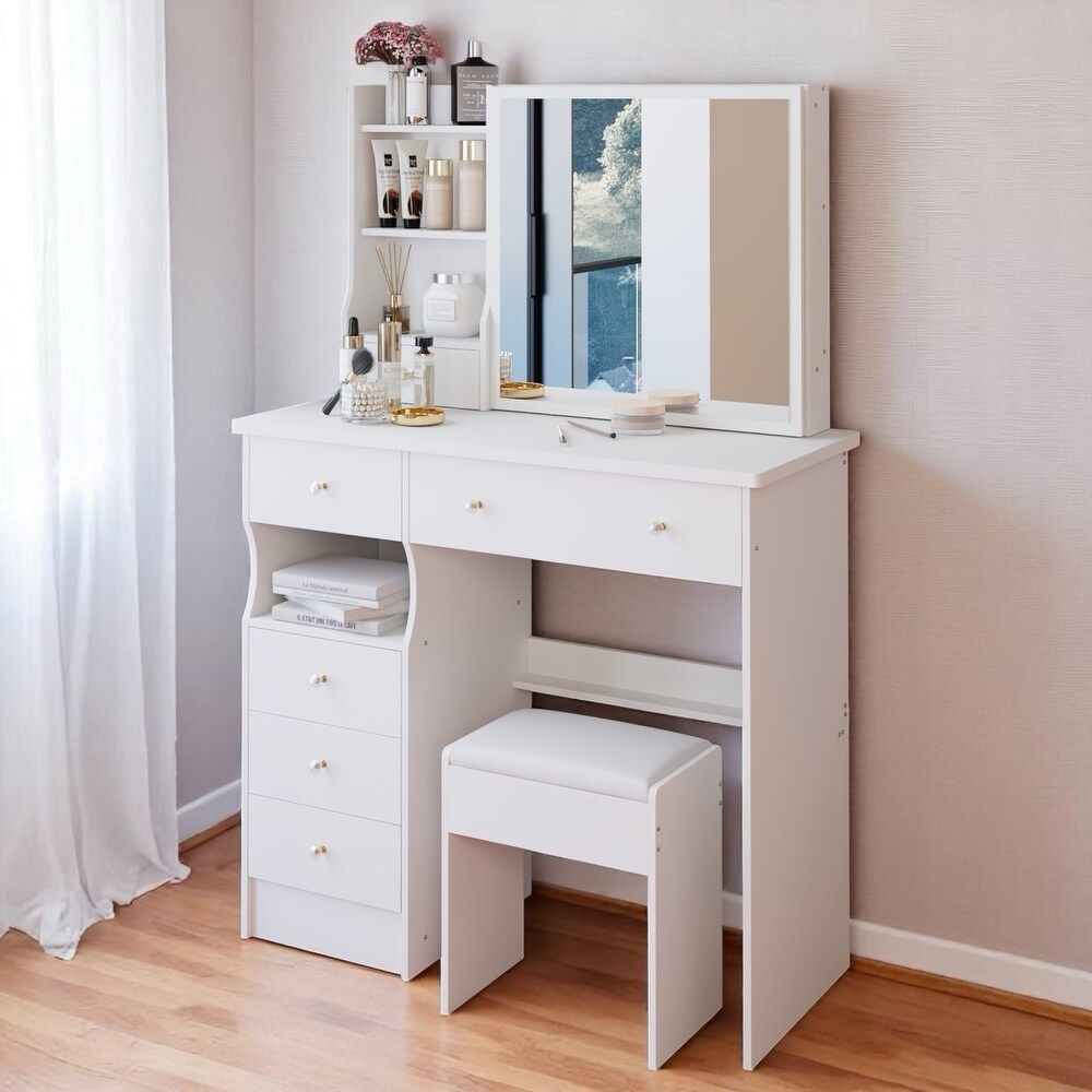 ✨Fully Assembled✨Modern 36” White Makeup Vanity Set✨ — Elegant dressing table featuring a sliding mirror, left-hand drawer, and multi-tier storage she