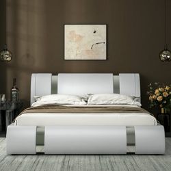 Queen Size Platform Bed Frame with Adjustable Headboard / Deluxe Solid Upholstered Modern Bed Without Box Spring / Faux Leather and Strong Wood 