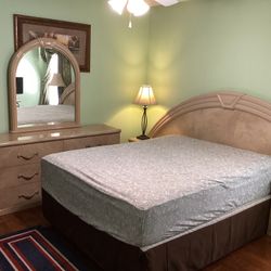 Queen Bedroom Set With Mattress Box Spring, Dresser, Mirror, 2 Night Stands, Headboard Barely Used 