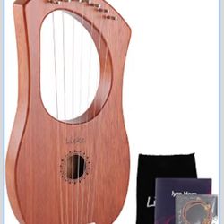 LIEKE 7 String Lyre Harp Instrument for Beginner Adults Mahogany Body,Bone Saddle,Includes Tuning Wrench,Metal Strings,Bag, for Practice & Performance