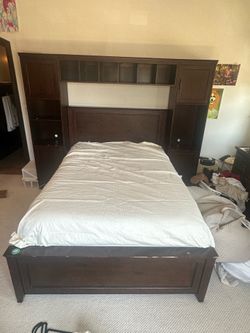 Full Strge Bed FREE with Bookcase Headboard & Side Cabinets – Dark Wood