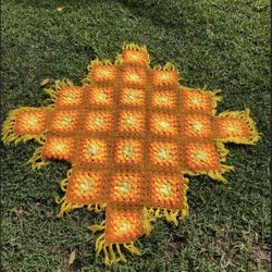 Vintage Brown, Orange, & Yellow Hand Crocheted Afghan, 5 Foot Knit Couch Cover, Bohemian Doily Table Cloth, Retro Wool Geometric Throw