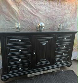 Large  wooden dresser color black gloss and silver with eight wooden drawers and shelves brand Davys INTL has been refurbished