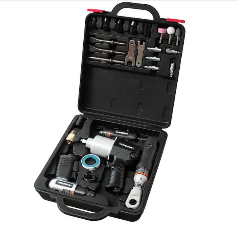 Husky 4-Pc Air Tool Kit W/ 1/2-in. Impact, 3/8-in. Ratchet, Die Grinder, Hammer, Sockets, Chisels, Grinding Stones (27-Pieces)