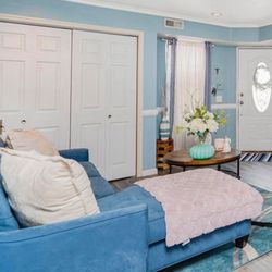 Stylish Blue Velvet  Sofa with Ottoman