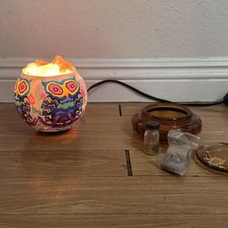 Himalayan CrystalLitez aromatherapy salt lamp with a colorful owl-patterned glass bowl+ vintage amber glass vanity set, likely from the Art Deco perio