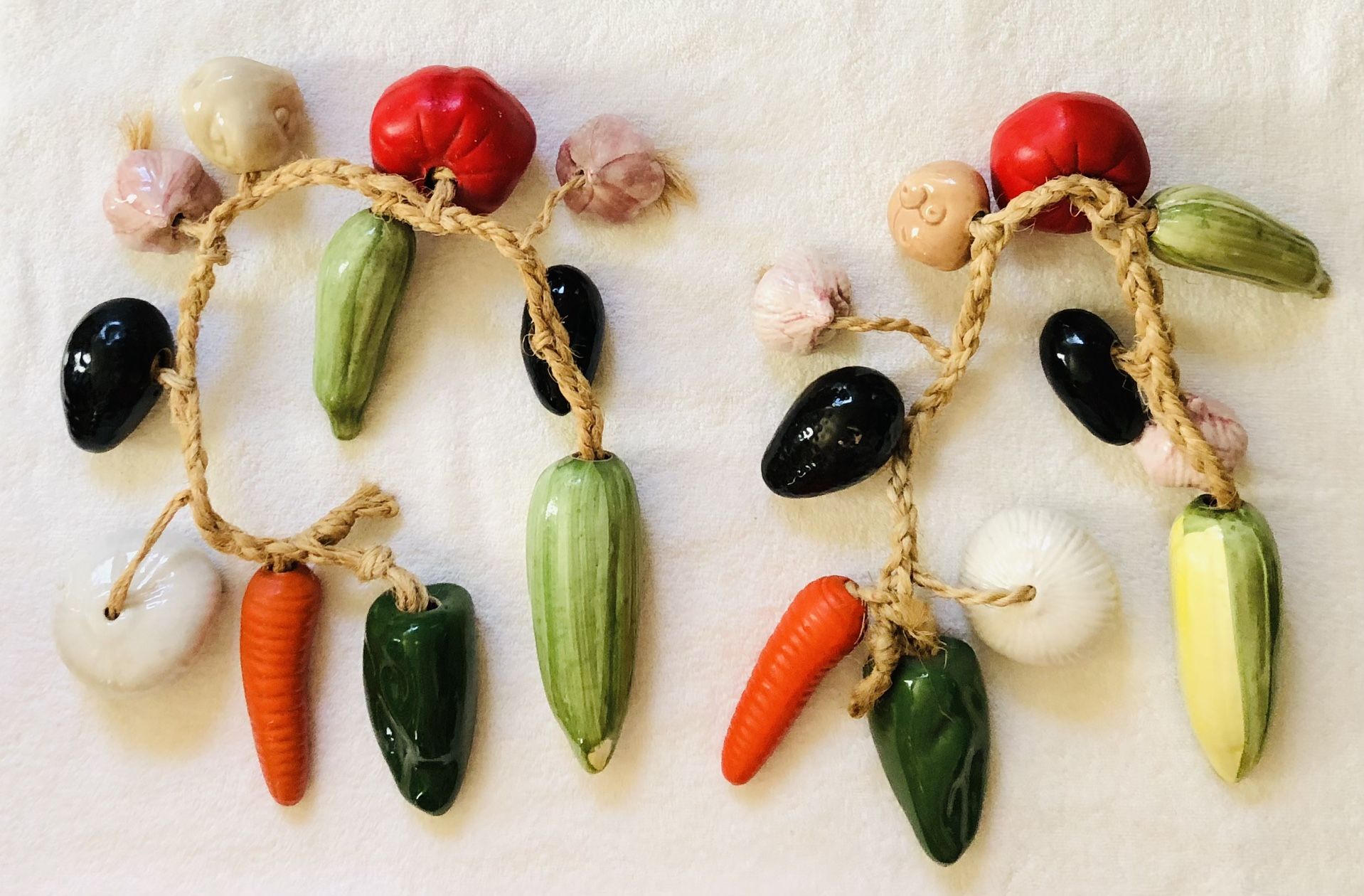 Set of 2 Vintage 11 Pieces Ceramic Vegetables On A Rope 20" Hanging Kitchen Decor