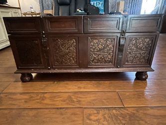 Large Carved Wood Storage Trunk / Coffee Table