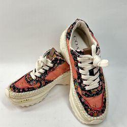 #1942 Coach Pink Espadrille Floral  Shoes with cluster posey pattern, size 7B