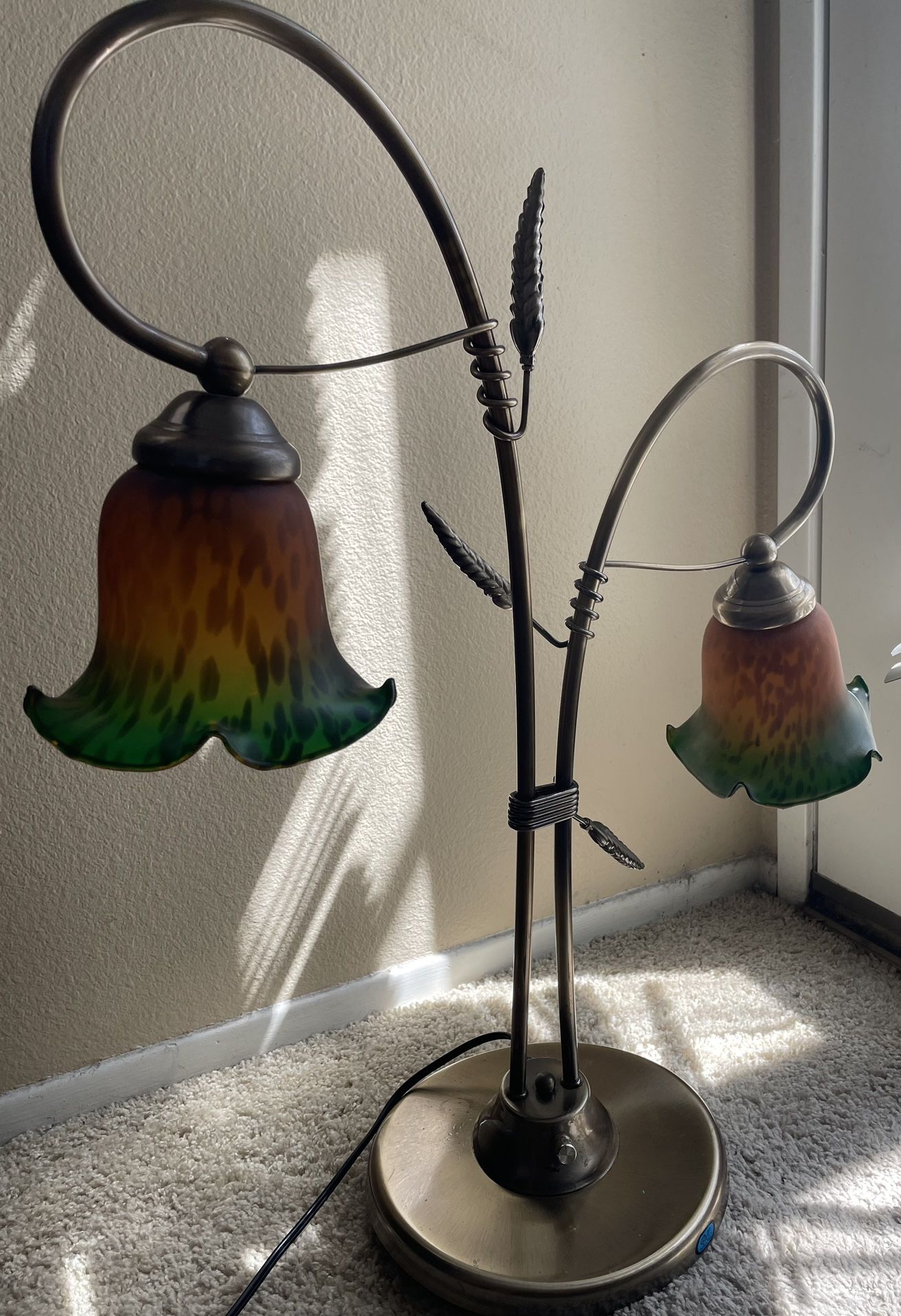 Vintage Brass Table Lamp With Stained Glass Ornamental Heads