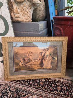 The framed picture depicts a classic print in a Romantic or Academic style, characterized by the presence of female figures of Neoclassical inspiratio