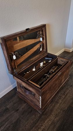 Vintage Wooden Tool Box with Tools