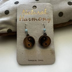 Wood Drop Earrings - Yin Yang Design