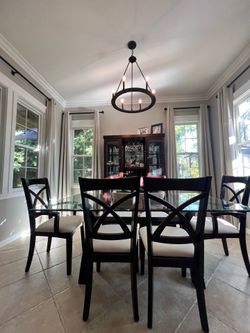 Glass Dining Table with 6 chairs + Hutch