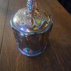 Carnival Glass Canister With Lid Grapes And Bird