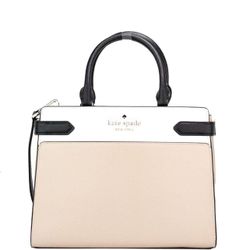 Kate Spade New York Staci Medium Saffiano Leather Satchel Purse in Warm Beige/Black, Like New!