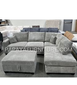 New! Plush Sectional Sofa With USB Charger, Corduroy Couch, Grey Sofa, Grey Sectional, Grey Couch, Light Grey Sofa Couch And Storage Ottoman, Couch, G