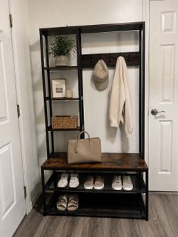 Industrial Entryway Hall Tree with Bench & Shoe Storage – $110