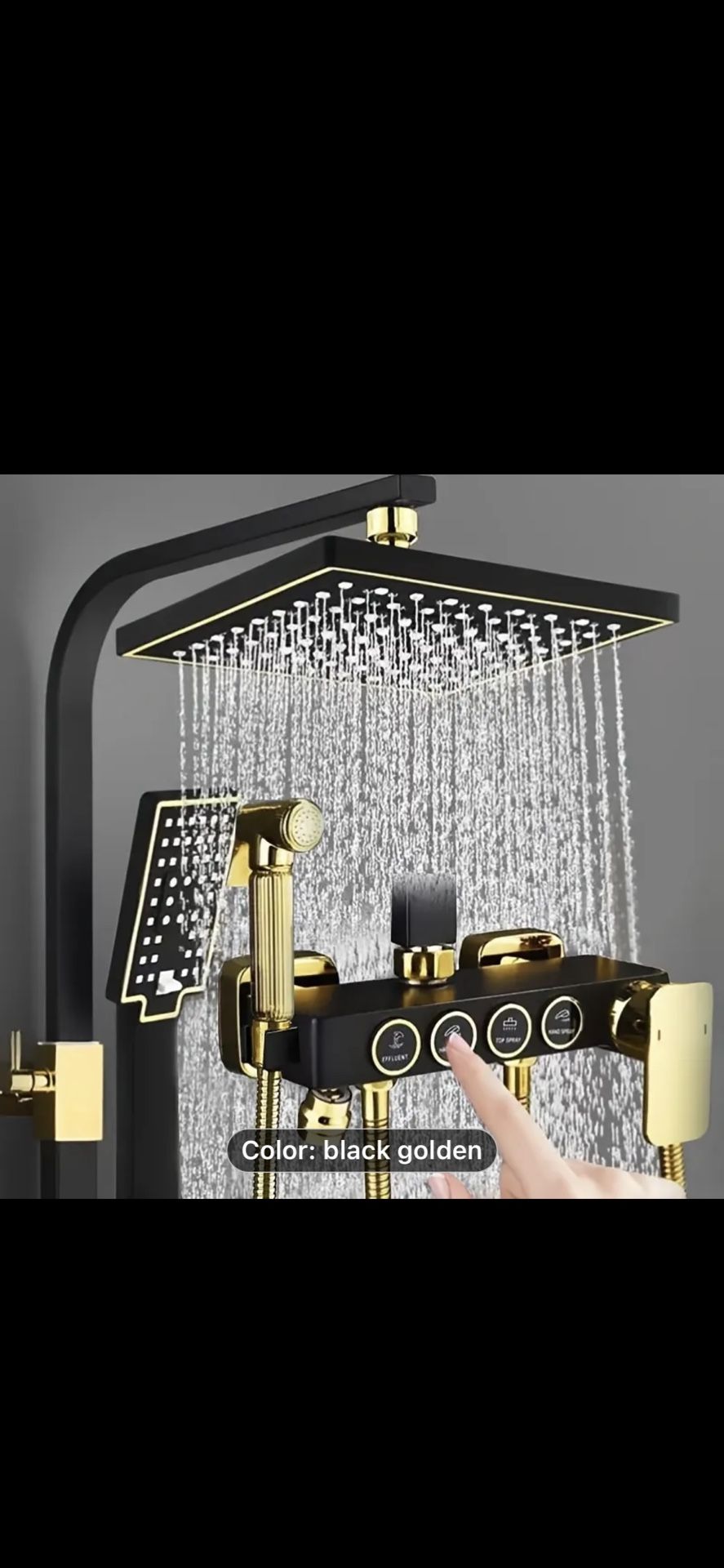 Luxury Black & Golden Shower System - 8"' Rainfall Head, Handheld Spray, 4-Function Tub Faucet, Wall Mount with Brass Valve, Hot & Cold Water Mixer -