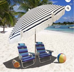 Black and White Striped Beach Umbrella With Fringe and Bag