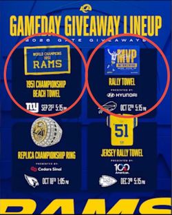 2026 Sept 21 Los Angeles Rams Championship Large Towel (Beach) Stadium Giveaway + MNF Rally Towel 10/12/26