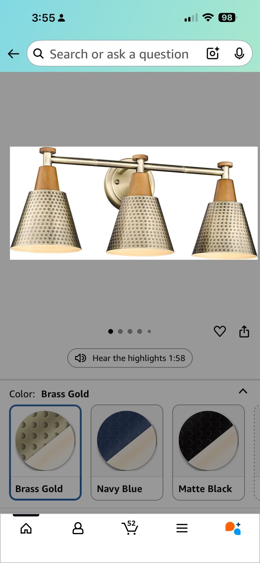 FEMILA Antique Brass Bathroom Vanity Light, 3-Lights Industrial Modern Wall Sconce Bathroom Lighting, Hammered Metal Shade Finish, 4FG59B-3W BG