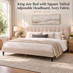 KING SIZE BED  Adjustable Headboard. NO BOXSPRING NEEDED. BEIGE  COLOR