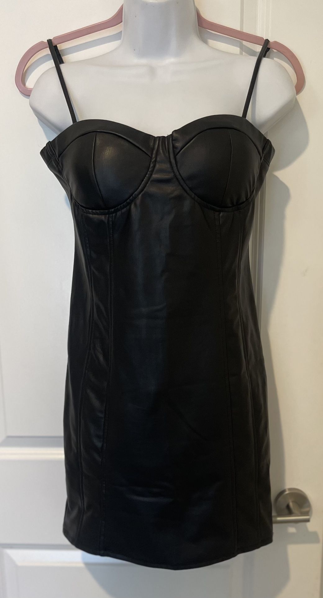 Black straps faux leather mini dress size medium Shinestar IN EXCELLENT CONDITION!