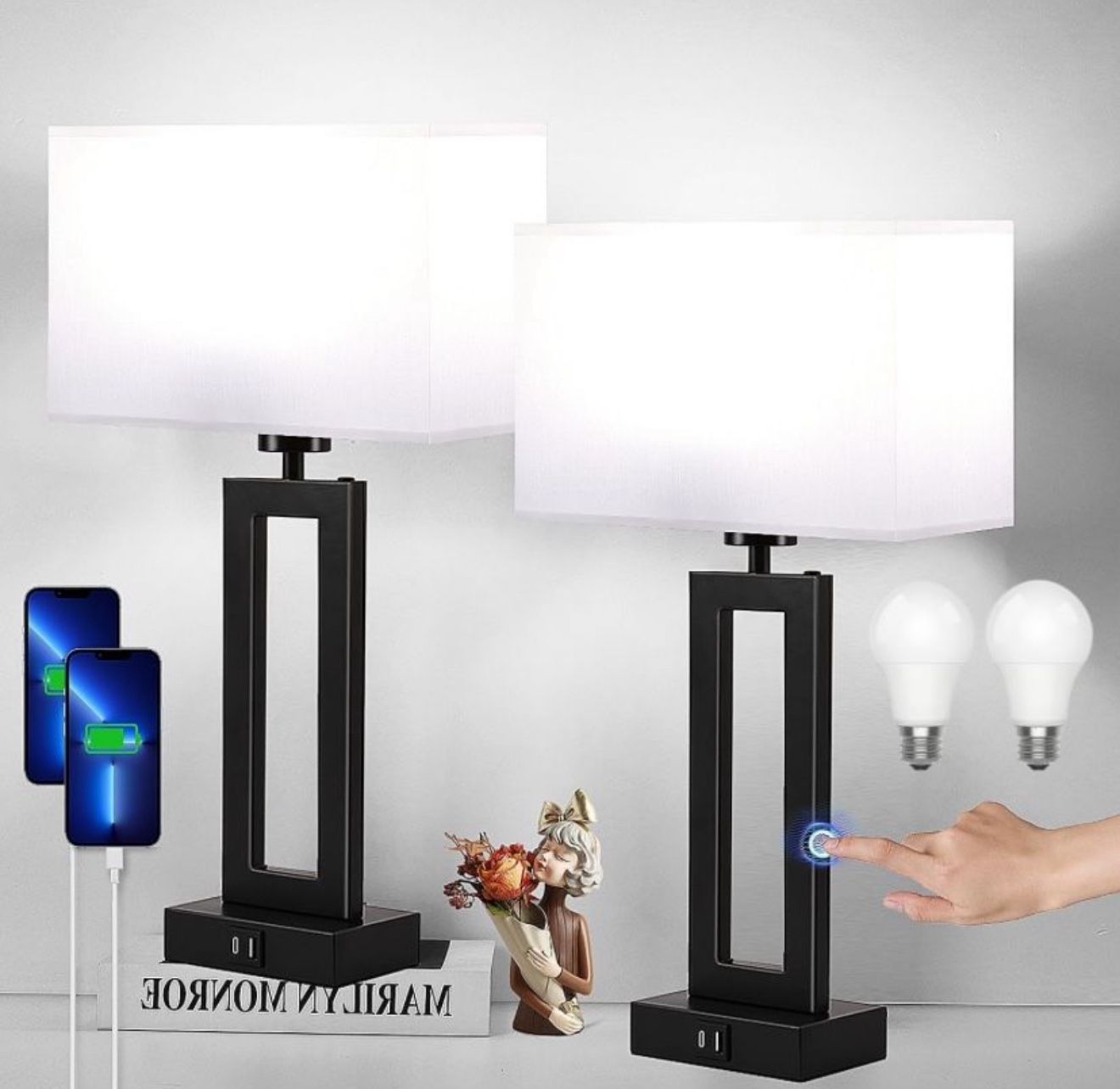 Set of 2 Modern Table Lamps with Touch Control