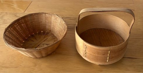 2 baskets, wood and woven.