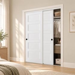 72"x80" 5-Panel Bypass Closet Door Pre-drilled White Primed with Smooth-Glide Rollers – Lightweight Hollow Core, Easy-Clean, DIY Paint-Ready for Bedro