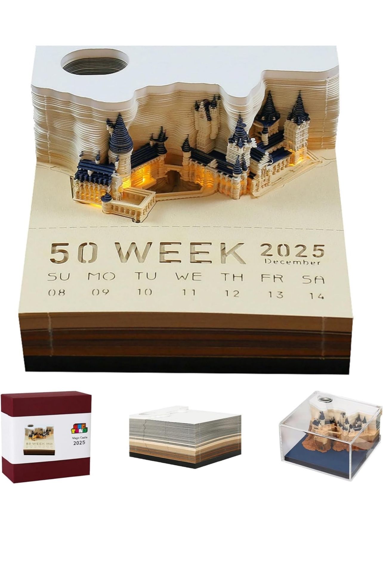 3D Art Calendar Memo Pad 2025, Creative Time Piece Calendar Magic Castle Rip Away Paper Carving Sticky DIY Note
