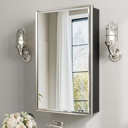 NEW-QueenFun 16x26 Pre-Assembled Bathroom Medicine Cabinet Mirror, Surface or Recessed Brushed Nickel Medicine Cabinet with Mirror & Rustproof Aluminu