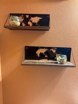 Two (2) floating wooden shelves w/ two (2) fake succulents