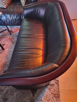 Black Leather Sofa with Wood Frame