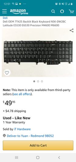Dell OEM 7T425 Backlit Black Keyboard NSK-DW2BC Latitude E5530 E6530 Precision M4600 M6600