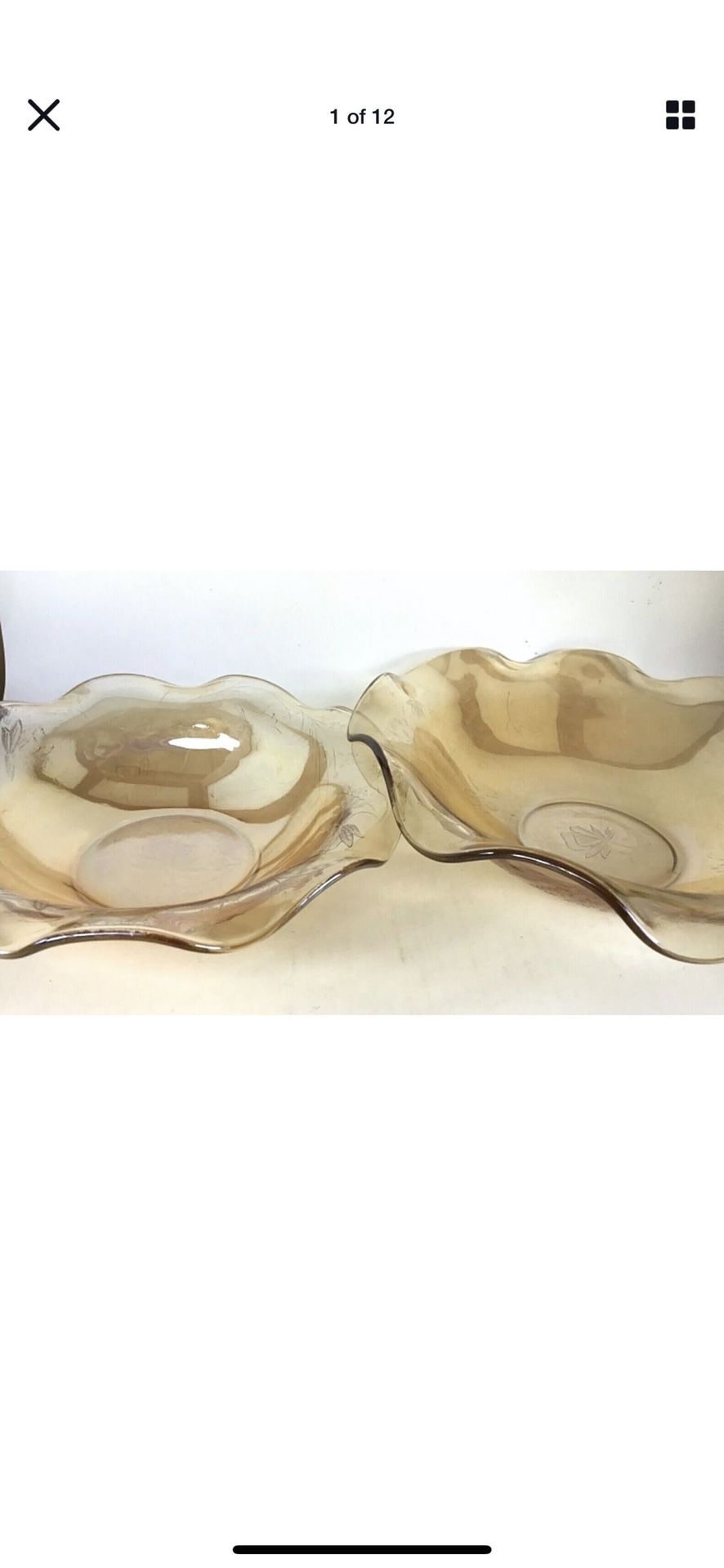Vintage (2) LARGE Jeannette Marigold Carnival Depression Glass Bowls Iridescent Iris and leaf etched patterns with scalloped edge