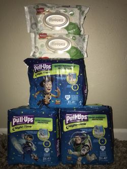 Huggies pull ups night time training pants size 3t-4t (20) diapers each pack with 2 packs of huggies wipes