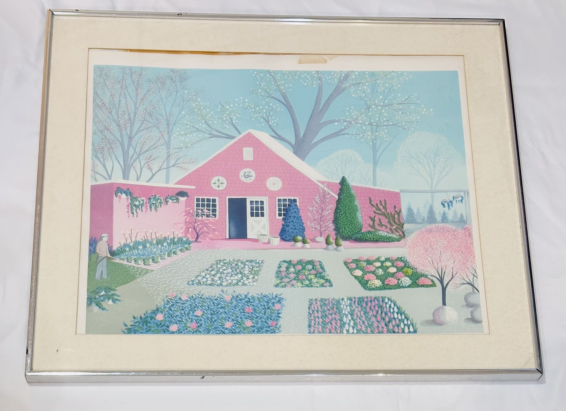 Vtg Folk Art Lithograph Framed Art Pink House Garden Carlyle Hotel NYC R. Endt