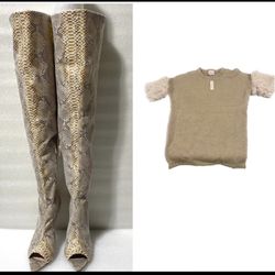 Lot Of 2 - Women’s Clothing, New Other with Tags Romeo & Juliet Couture Women's Sweater & New Other Akira Creole The Night is Young Snake, Size 9 Boot