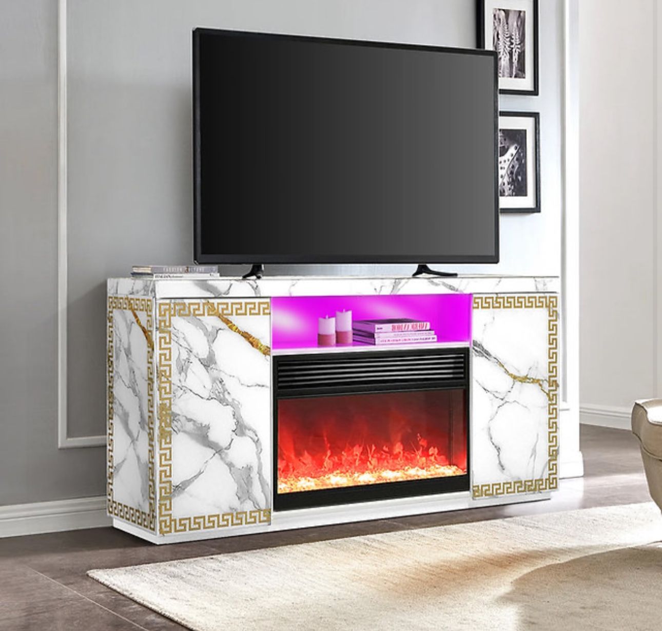 FIREPLACE WHITE TV STAND W/ LED SPEAKERS