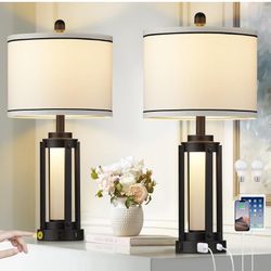 Industrial Table Lamps Set of 2, Modern Beside Lamp with USB A+C Charging Ports & AC Outlet, Rustic Nightstand Lamp with LED Night Light for Living Ro