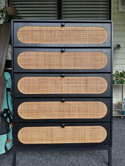 Black 5-Drawer Dresser with Rattan Panels
