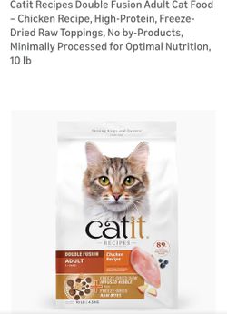 Catit Recipes Double Fusion Adult Cat Food
⁃ Chicken Recipe, High-Protein, Freeze-
Dried Raw Toppings, No by-Products.
Minimally Processed for Optimal