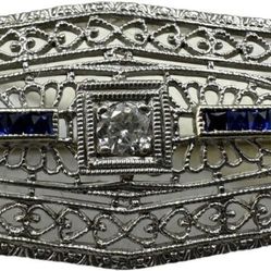  EXQUISITE 14k Platinum Diamond & Sapphire Brooch