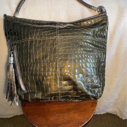 BRIGHTON CHER Muse  Quilted Khaki Green PATENT LEATHER Croco HandBagy