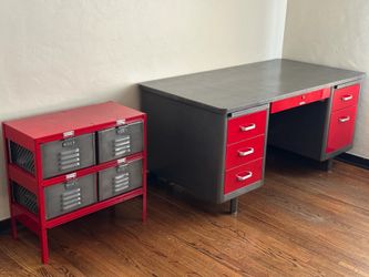 Vintage McDowell & Craig Tanker Desk And Vintage Basket Locker Side Table